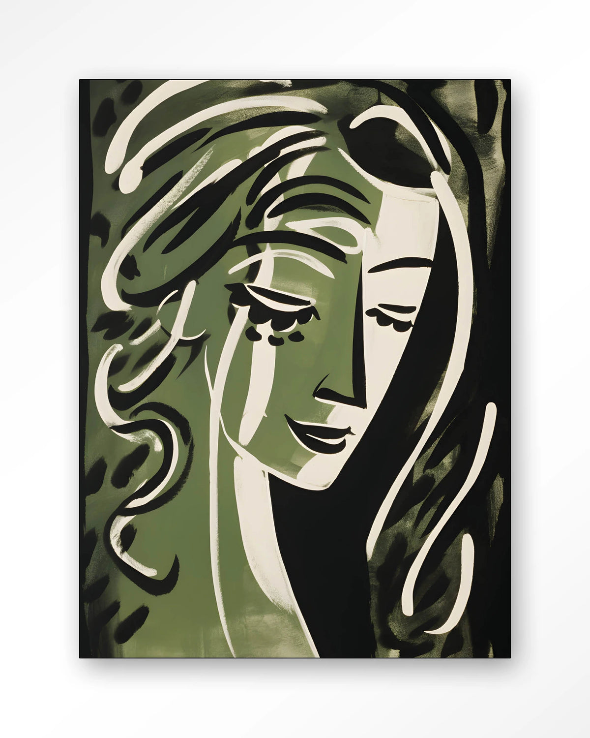 Aphrodite – portret van een vrouw in groen – Wandkleed – Frame – zwart