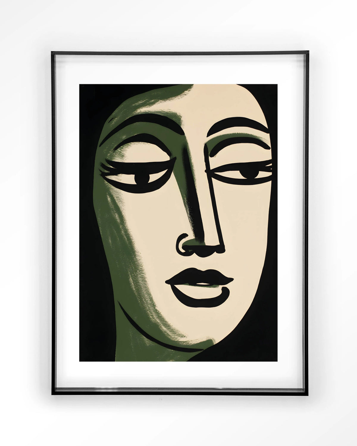 Artemis – gezicht in groen en zwart, lijnstijl – Art print – Acryl zwart