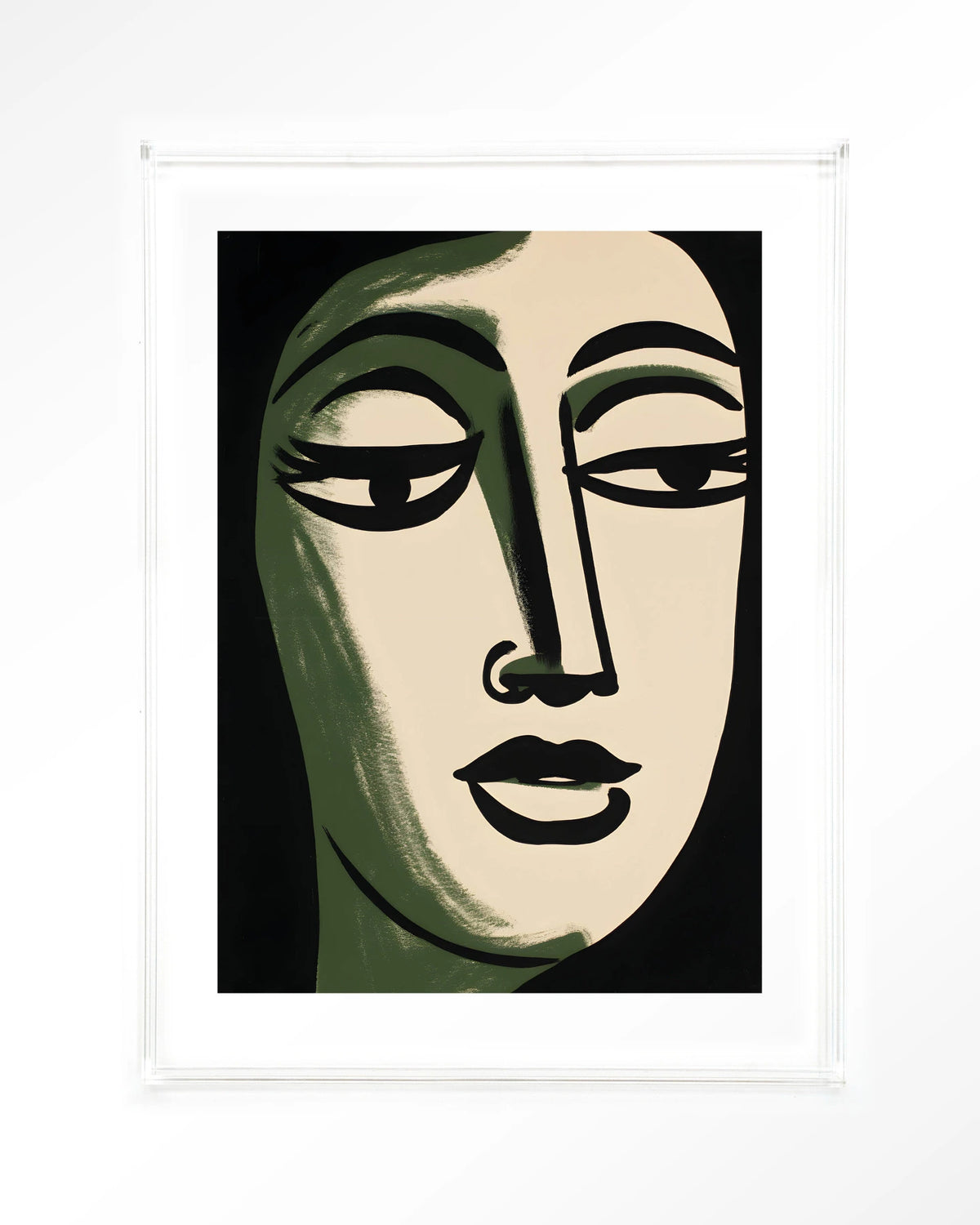 Artemis – gezicht in groen en zwart, lijnstijl – Art print – Acryl doorzichtig
