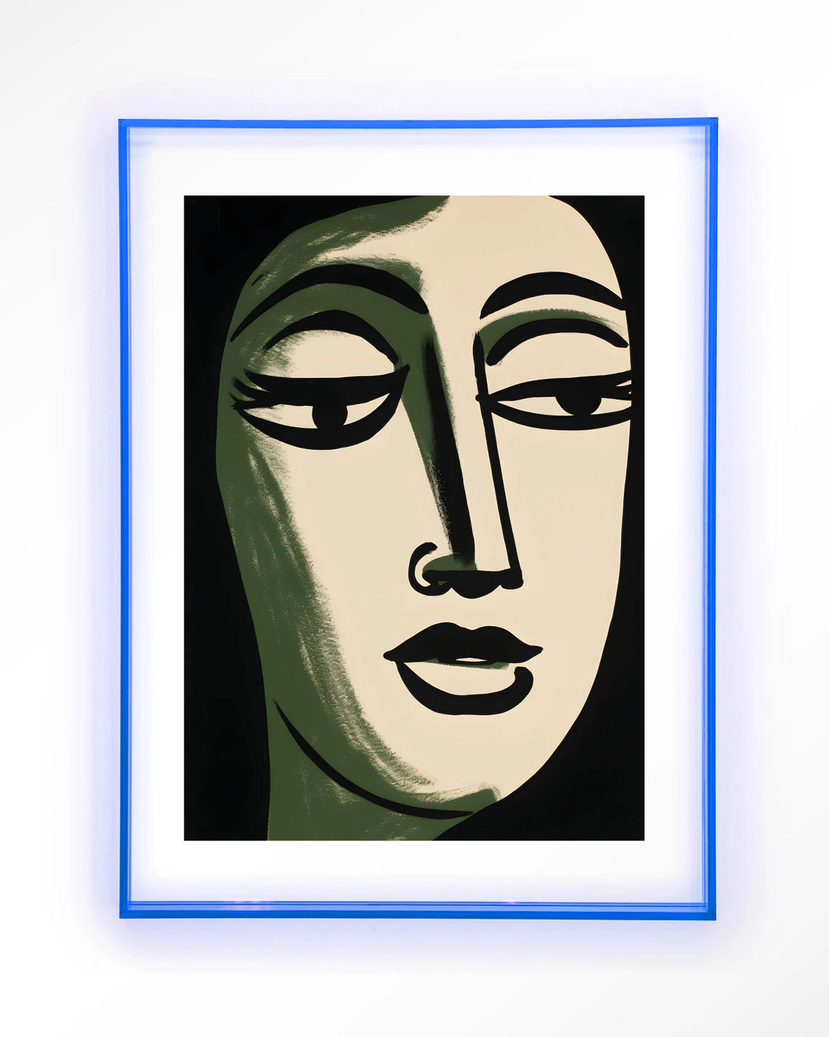 Artemis – gezicht in groen en zwart, lijnstijl – Art print – Acryl lichtblauw