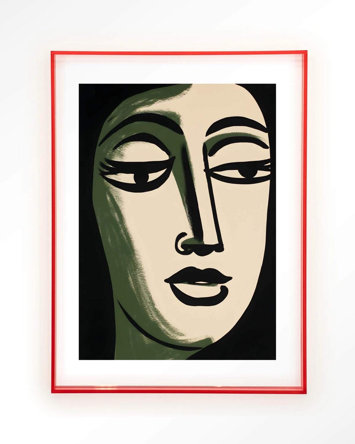 Artemis – gezicht in groen en zwart, lijnstijl – Art print – Acryl roze