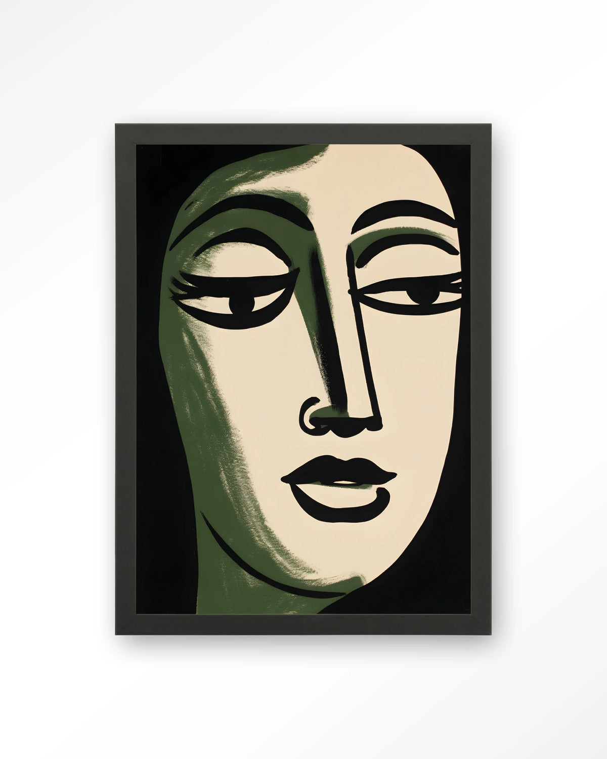 Artemis – gezicht in groen en zwart, lijnstijl – Art print – Hout zwart