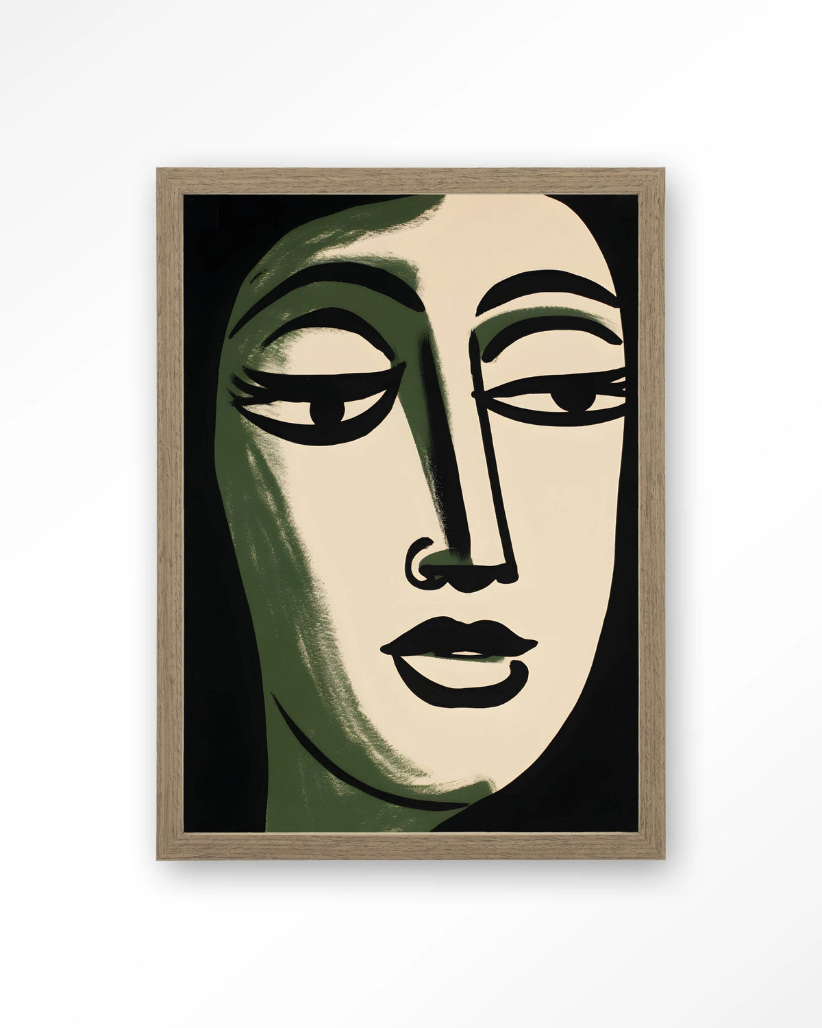 Artemis – gezicht in groen en zwart, lijnstijl – Art print – Hout bruin