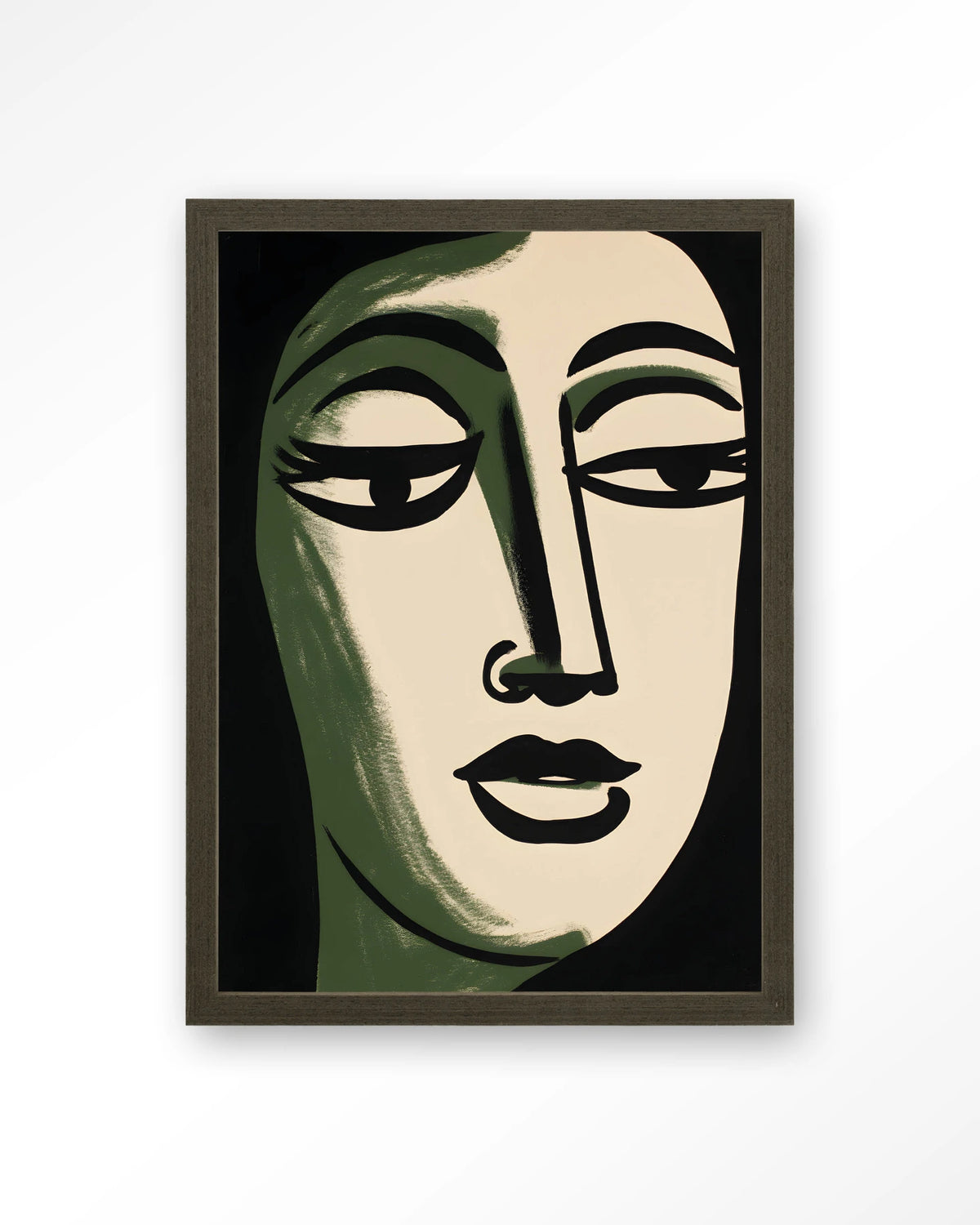 Artemis – gezicht in groen en zwart, lijnstijl – Art print – Hout donkerbruin