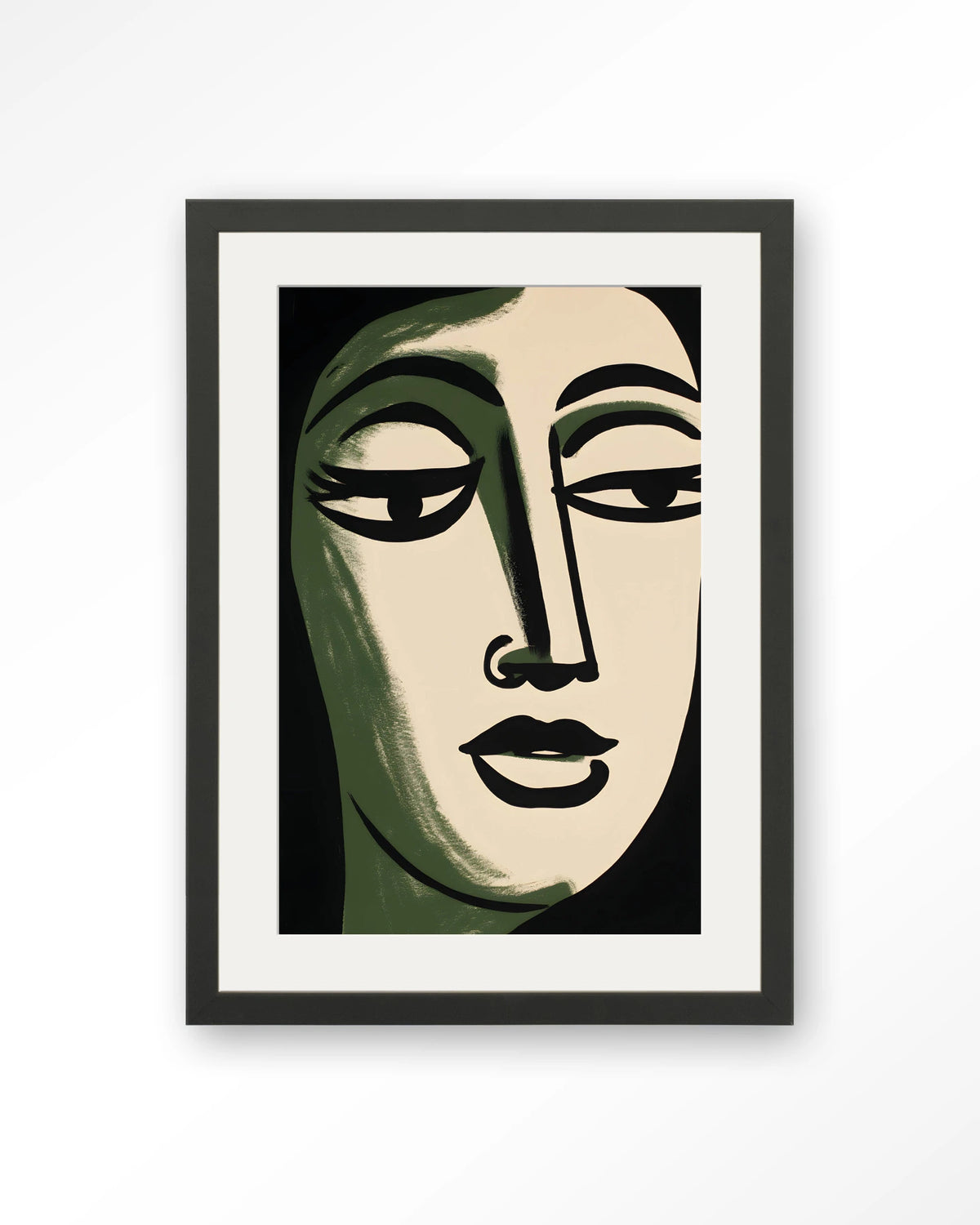 Artemis – gezicht in groen en zwart, lijnstijl – Art print – Hout zwart + passe-partout