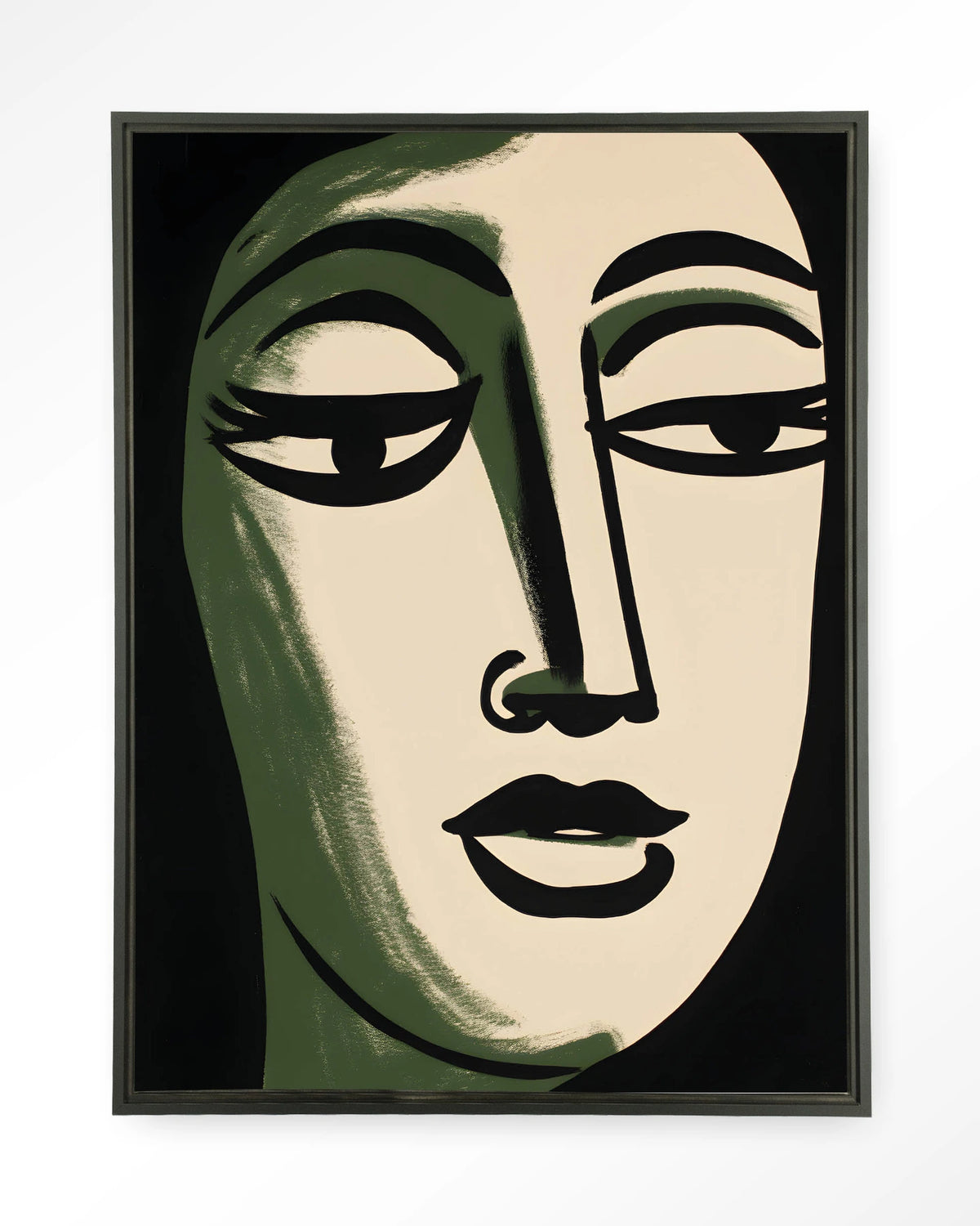 Artemis – gezicht in groen en zwart, lijnstijl – Wandkleed – Floating frame – zwart