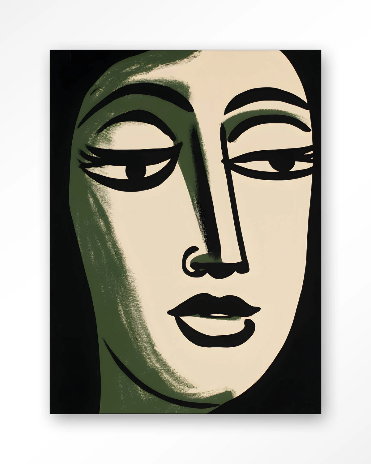 Artemis – gezicht in groen en zwart, lijnstijl – Wandkleed – Frame – zwart