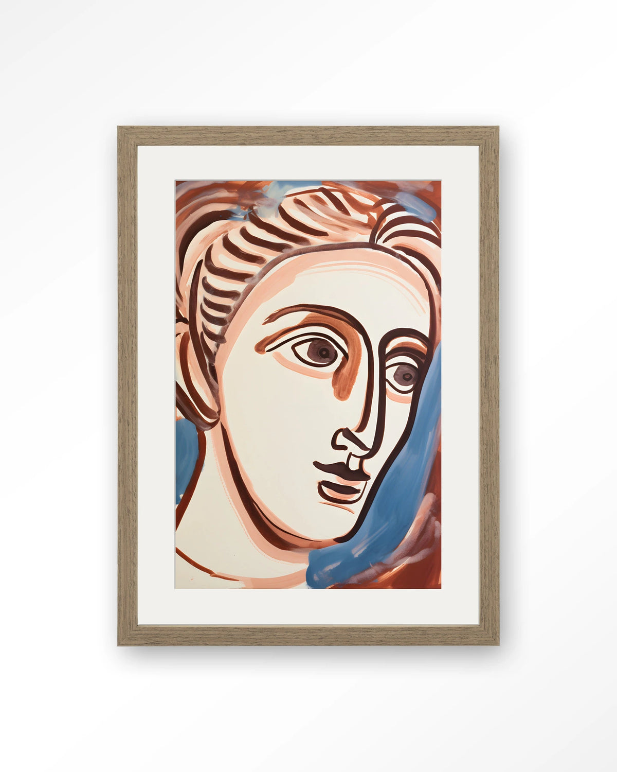 Hera – lijntekening van gezicht – Art print – Hout bruin + passe-partout