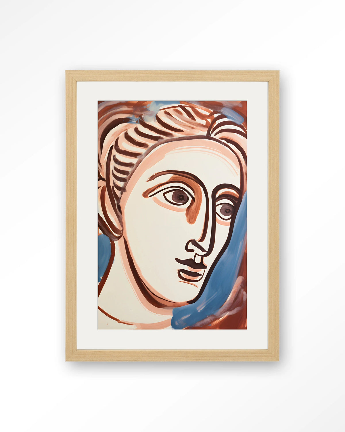 Hera – lijntekening van gezicht – Art print – Hout naturel + passe-partout
