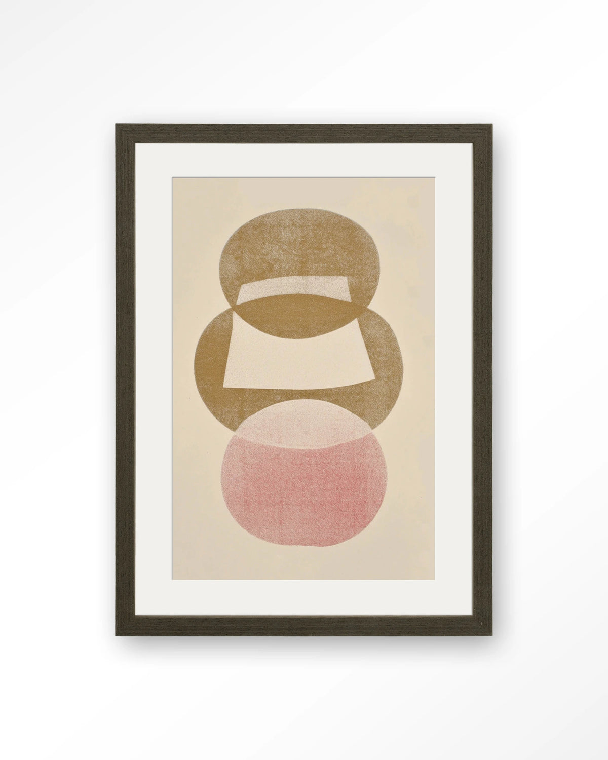 Figuras 1 – abstract in beige en roze – Art print – Hout donkerbruin + passe-partout