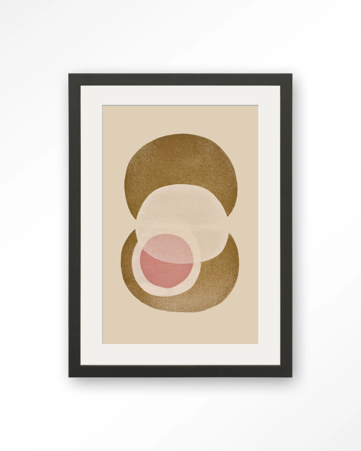 Figuras 2 – abstracte cirkels in beige en roze – Art print – Hout zwart + passe-partout