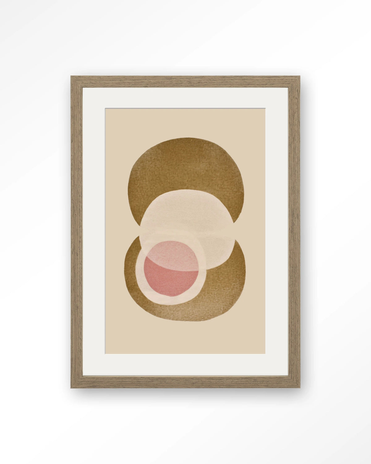 Figuras 2 – abstracte cirkels in beige en roze – Art print – Hout bruin + passe-partout