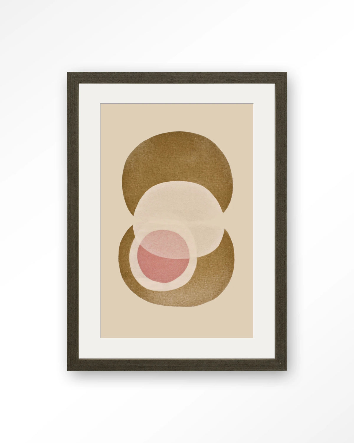 Figuras 2 – abstracte cirkels in beige en roze – Art print – Hout donkerbruin + passe-partout