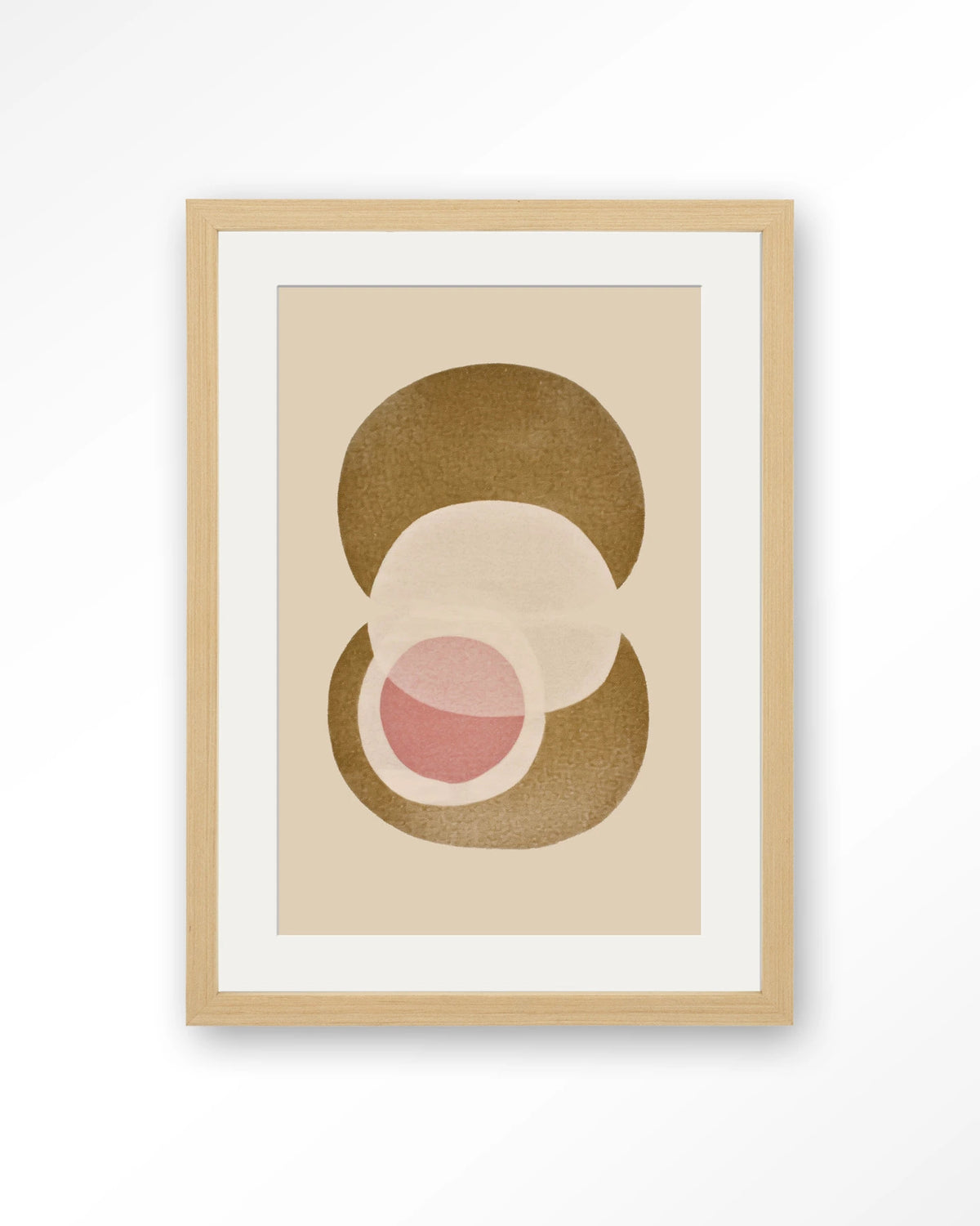 Figuras 2 – abstracte cirkels in beige en roze – Art print – Hout naturel + passe-partout