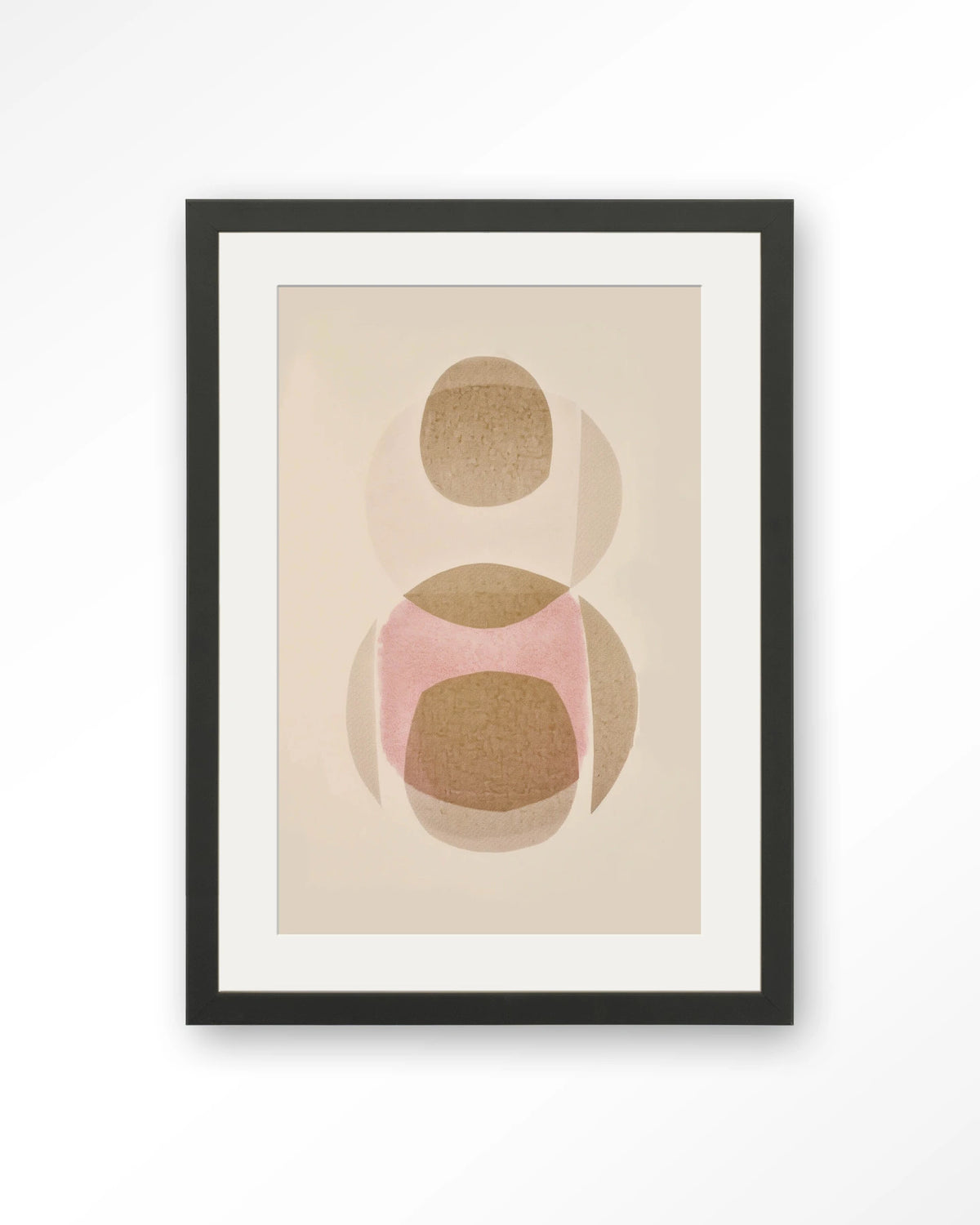 Figuras 3 – abstract met cirkels in beige en roze – Art print – Hout zwart + passe-partout