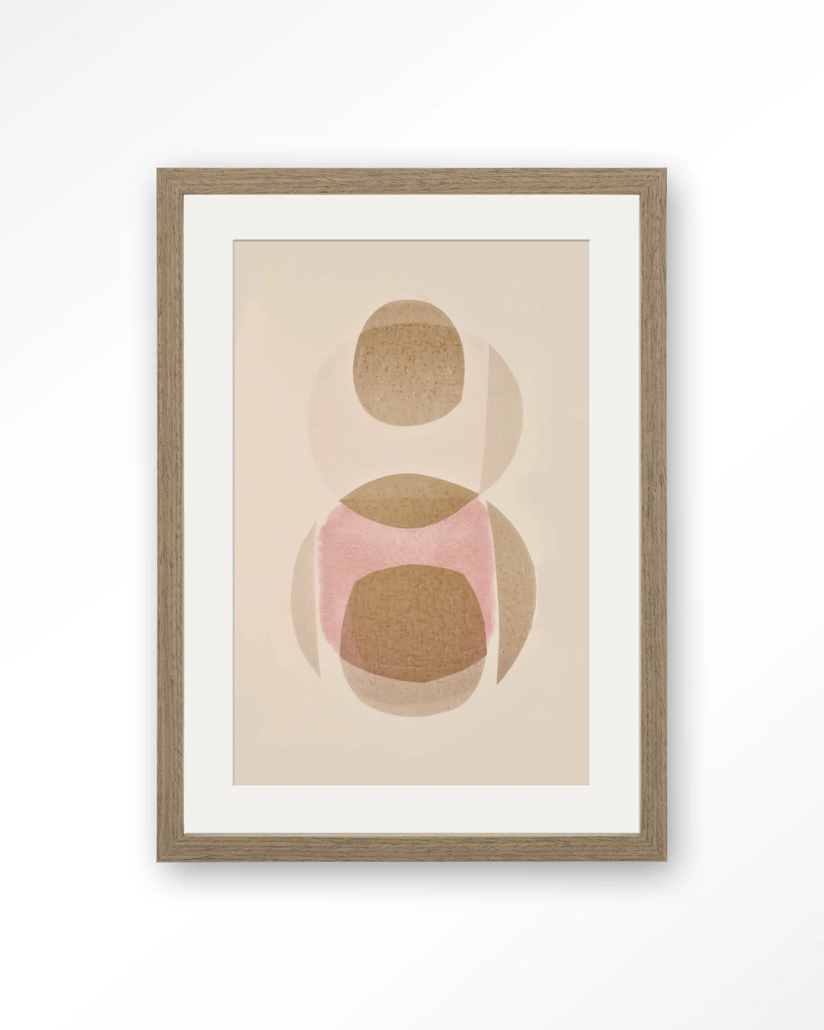 Figuras 3 – abstract met cirkels in beige en roze – Art print – Hout bruin + passe-partout