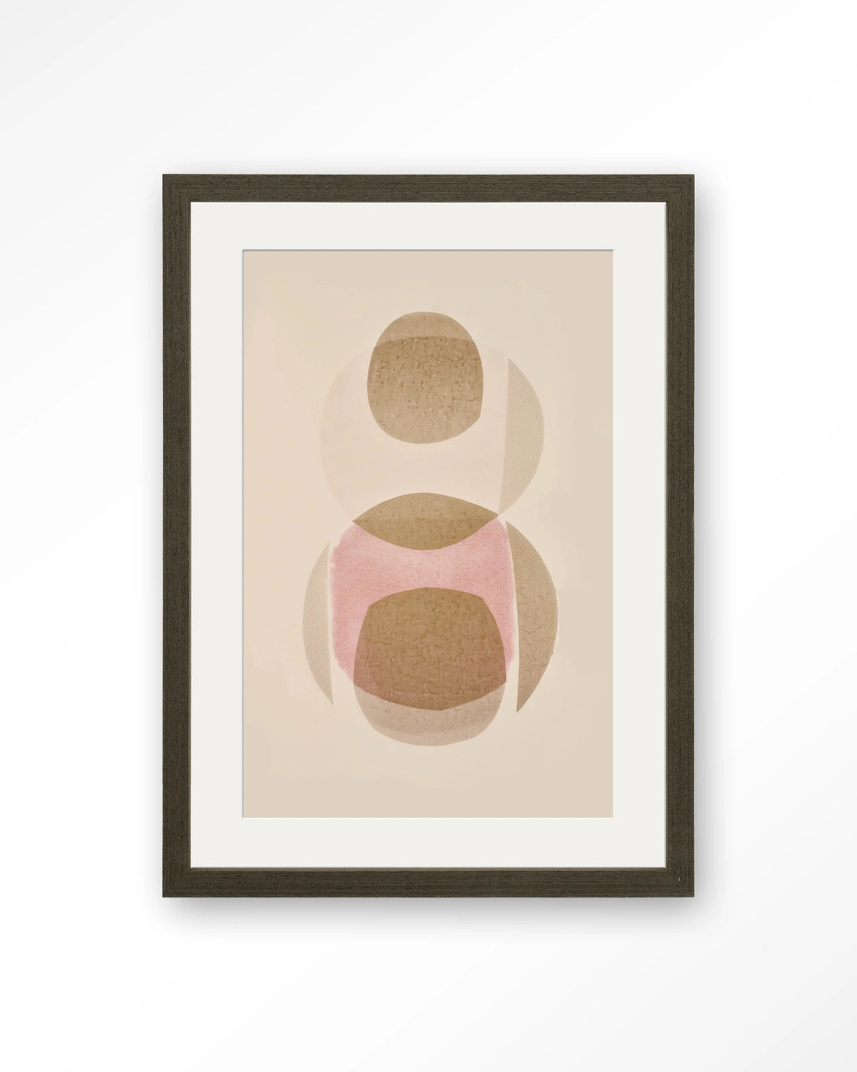 Figuras 3 – abstract met cirkels in beige en roze – Art print – Hout donkerbruin + passe-partout