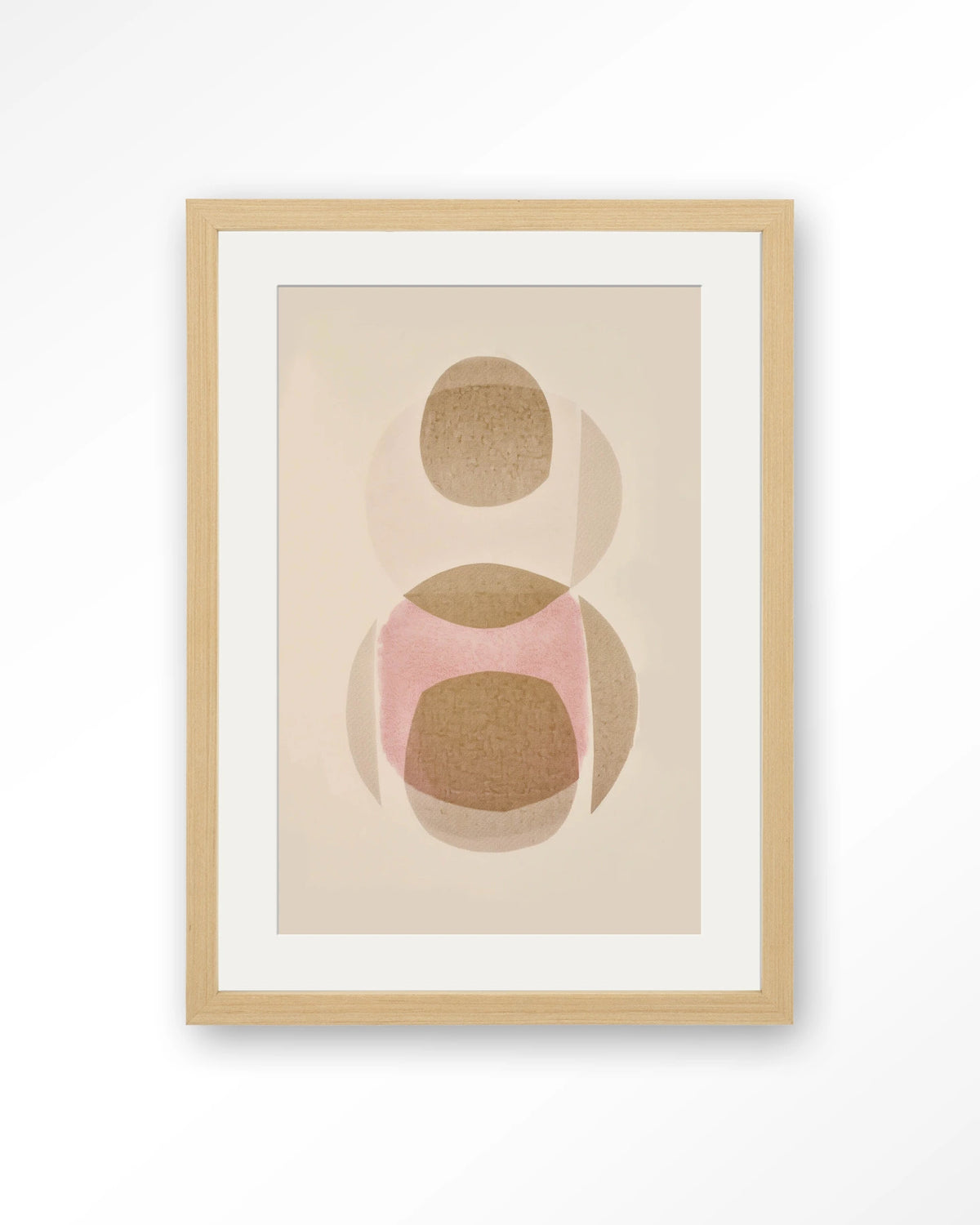 Figuras 3 – abstract met cirkels in beige en roze – Art print – Hout naturel + passe-partout