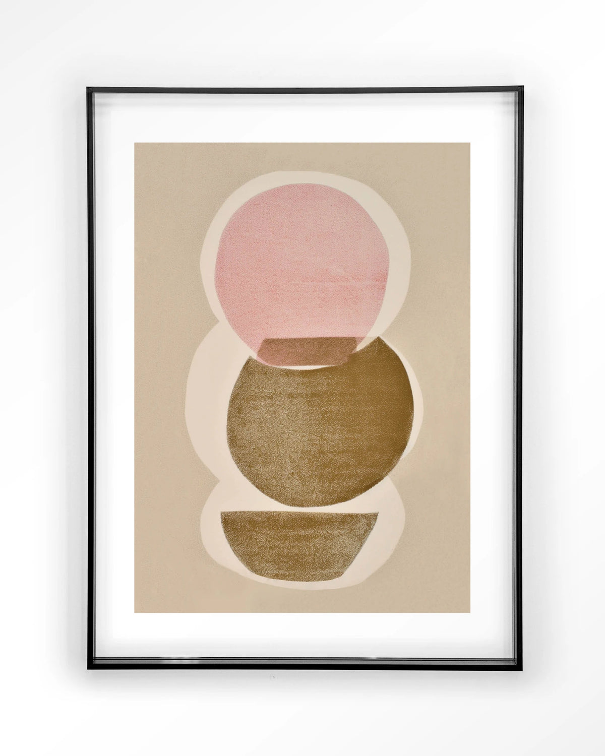 Figuras 5 – abstracte cirkels in roze en olijfgroen – Art print – Acryl zwart