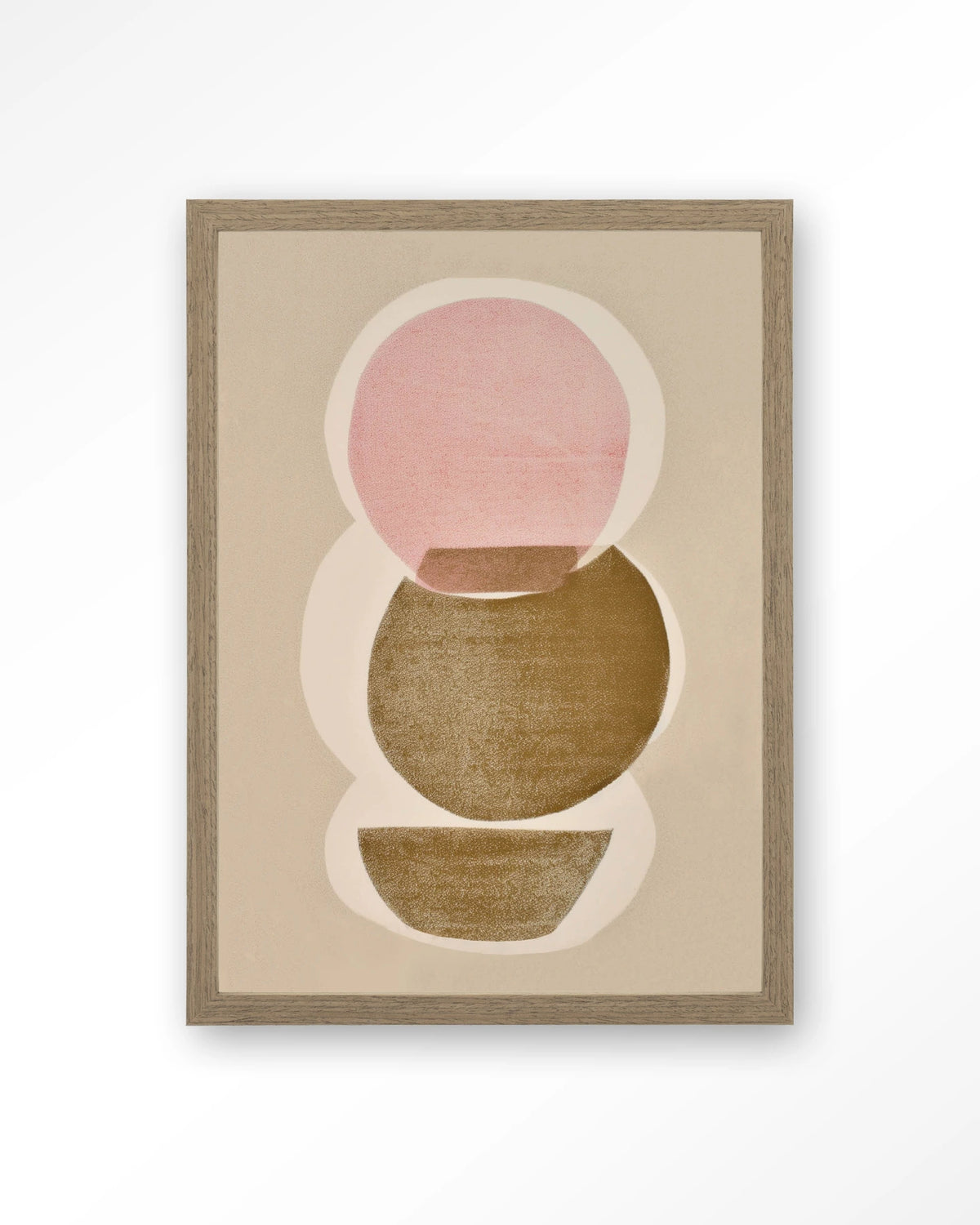 Figuras 5 – abstracte cirkels in roze en olijfgroen – Art print – Hout bruin