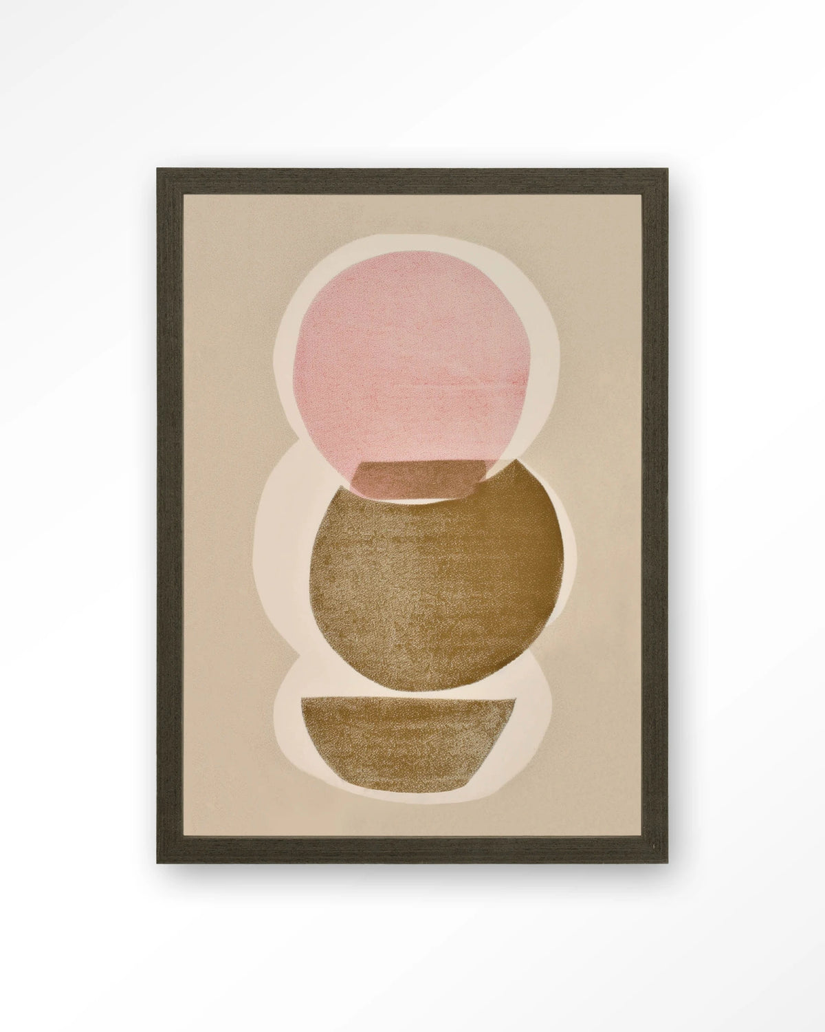 Figuras 5 – abstracte cirkels in roze en olijfgroen – Art print – Hout donkerbruin