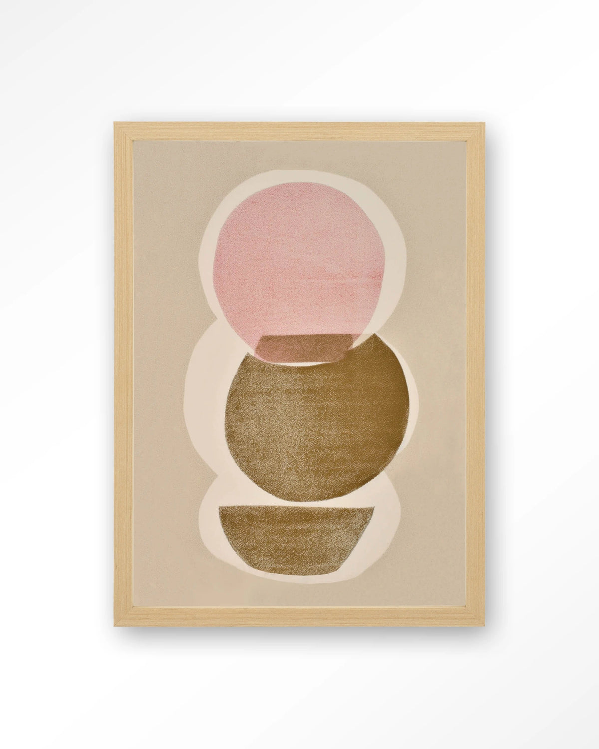 Figuras 5 – abstracte cirkels in roze en olijfgroen – Art print – Hout naturel