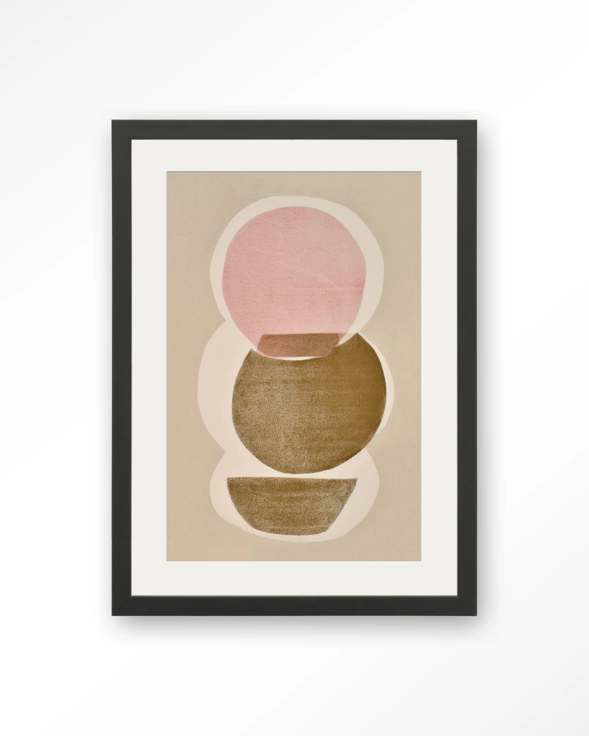 Figuras 5 – abstracte cirkels in roze en olijfgroen – Art print – Hout zwart + passe-partout