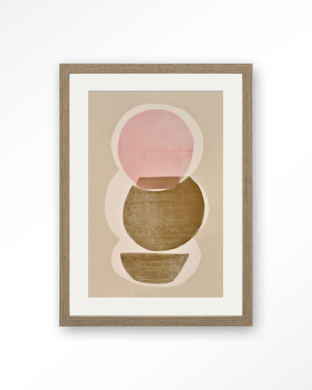 Figuras 5 – abstracte cirkels in roze en olijfgroen – Art print – Hout bruin + passe-partout