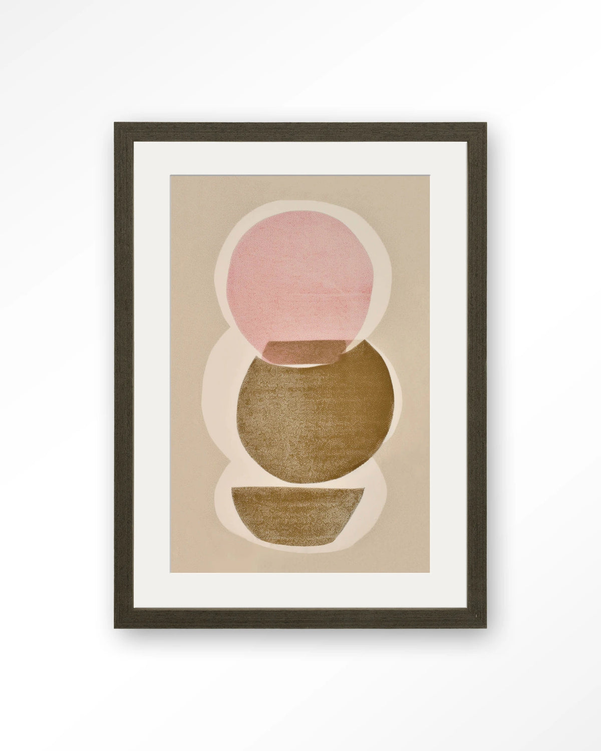 Figuras 5 – abstracte cirkels in roze en olijfgroen – Art print – Hout donkerbruin + passe-partout