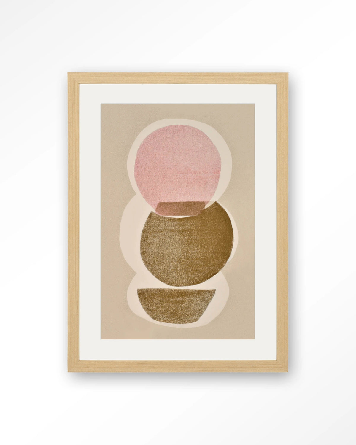 Figuras 5 – abstracte cirkels in roze en olijfgroen – Art print – Hout naturel + passe-partout