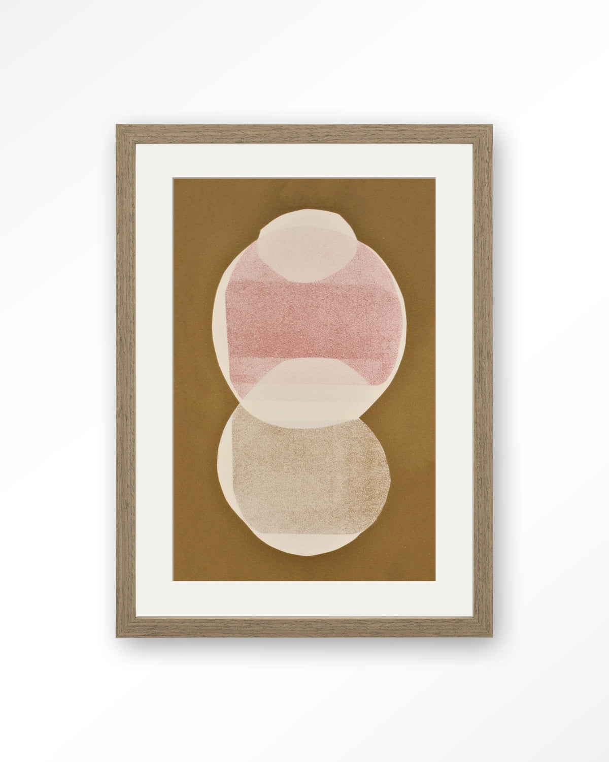 Figuras 6 – abstracte cirkels in roze en goud – Art print – Hout bruin + passe-partout