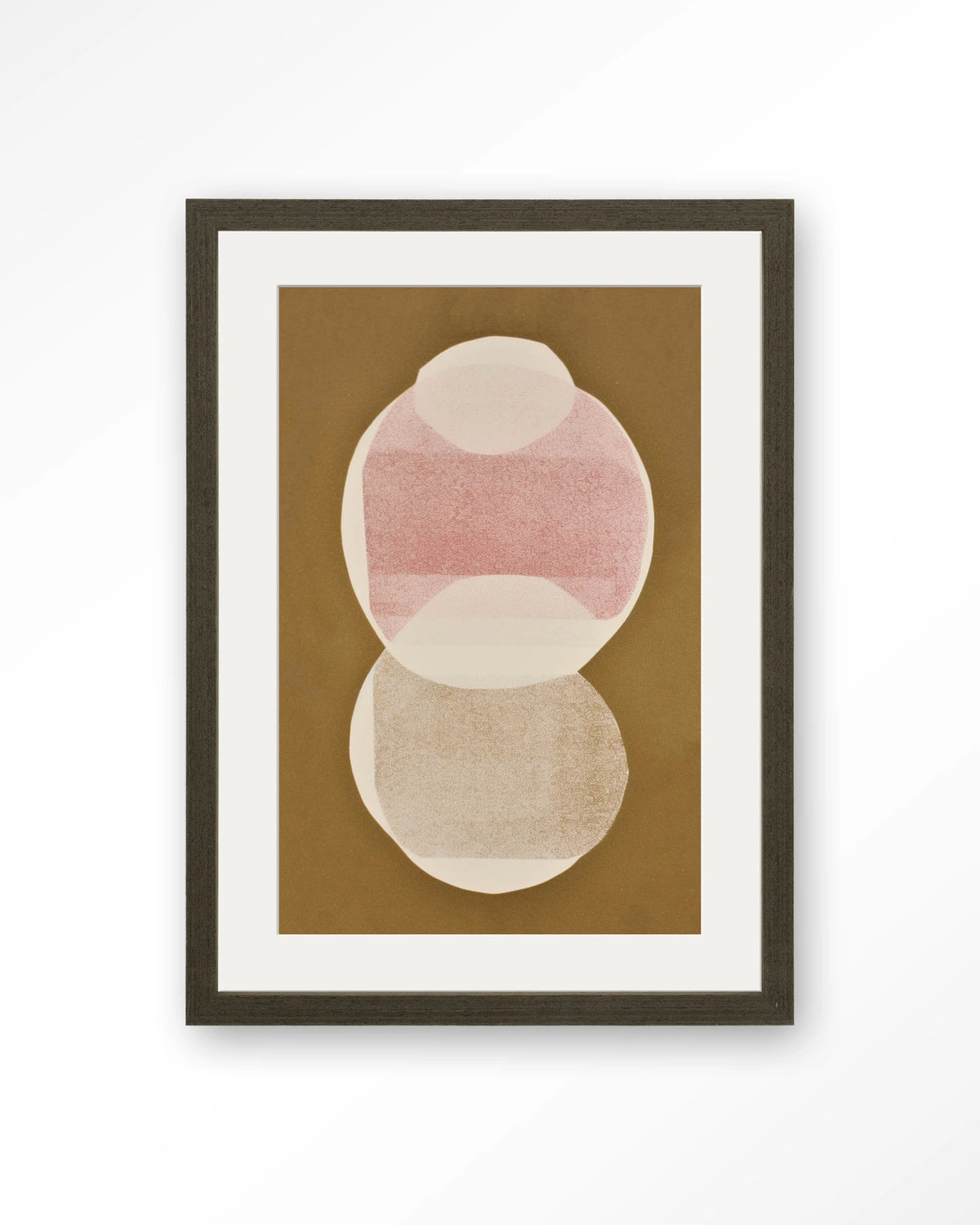 Figuras 6 – abstracte cirkels in roze en goud – Art print – Hout donkerbruin + passe-partout