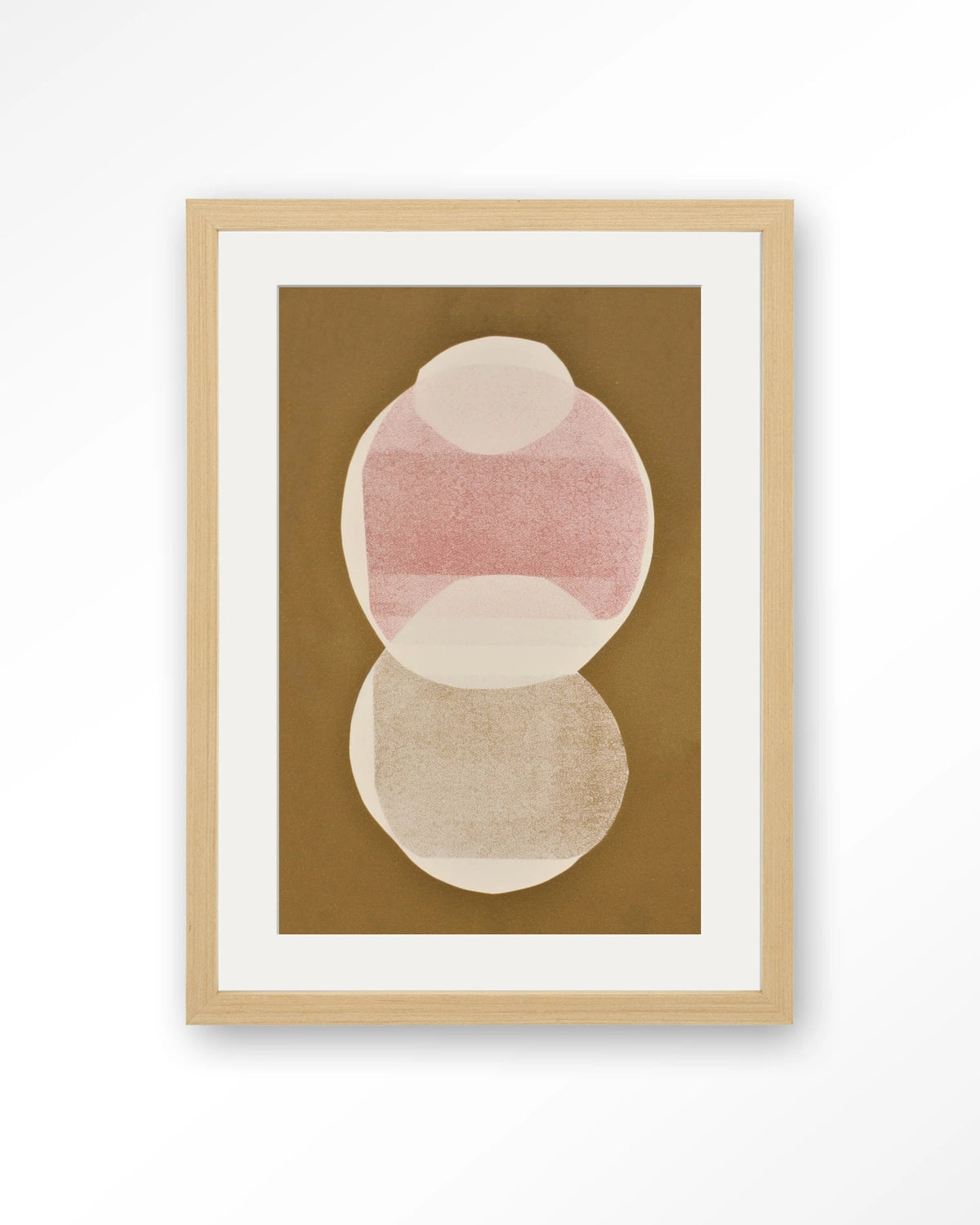 Figuras 6 – abstracte cirkels in roze en goud – Art print – Hout naturel + passe-partout