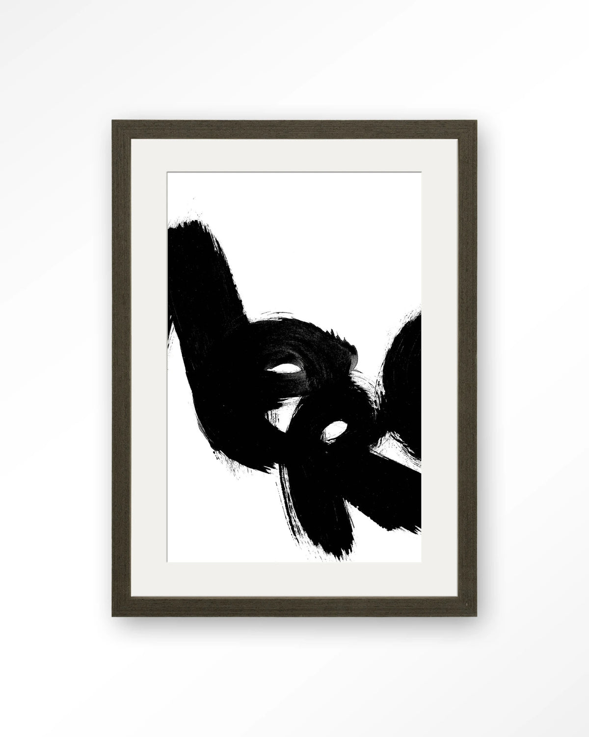Merci – zwarte penseelstreken op wit – Art print – Hout donkerbruin + passe-partout