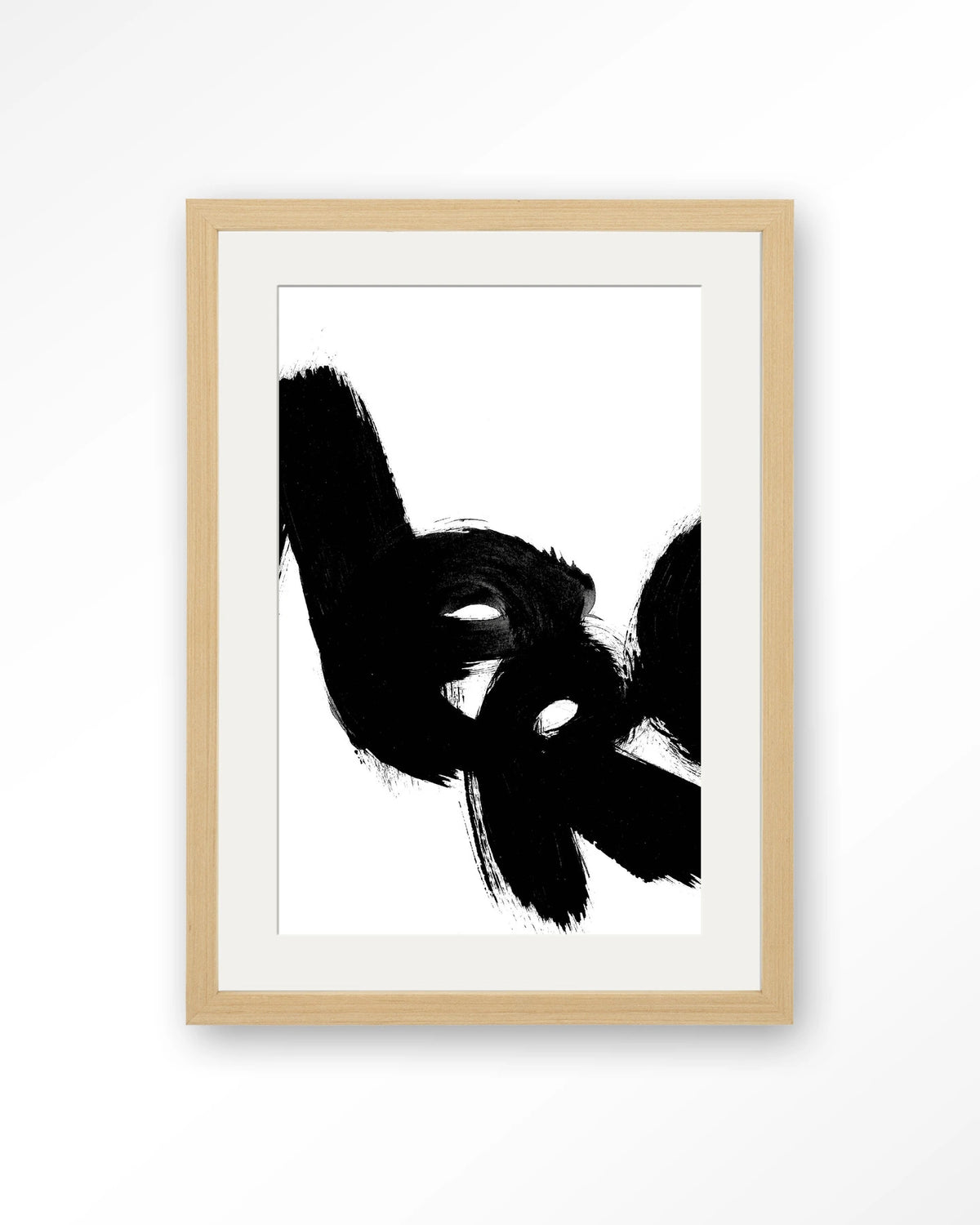 Merci – zwarte penseelstreken op wit – Art print – Hout naturel + passe-partout