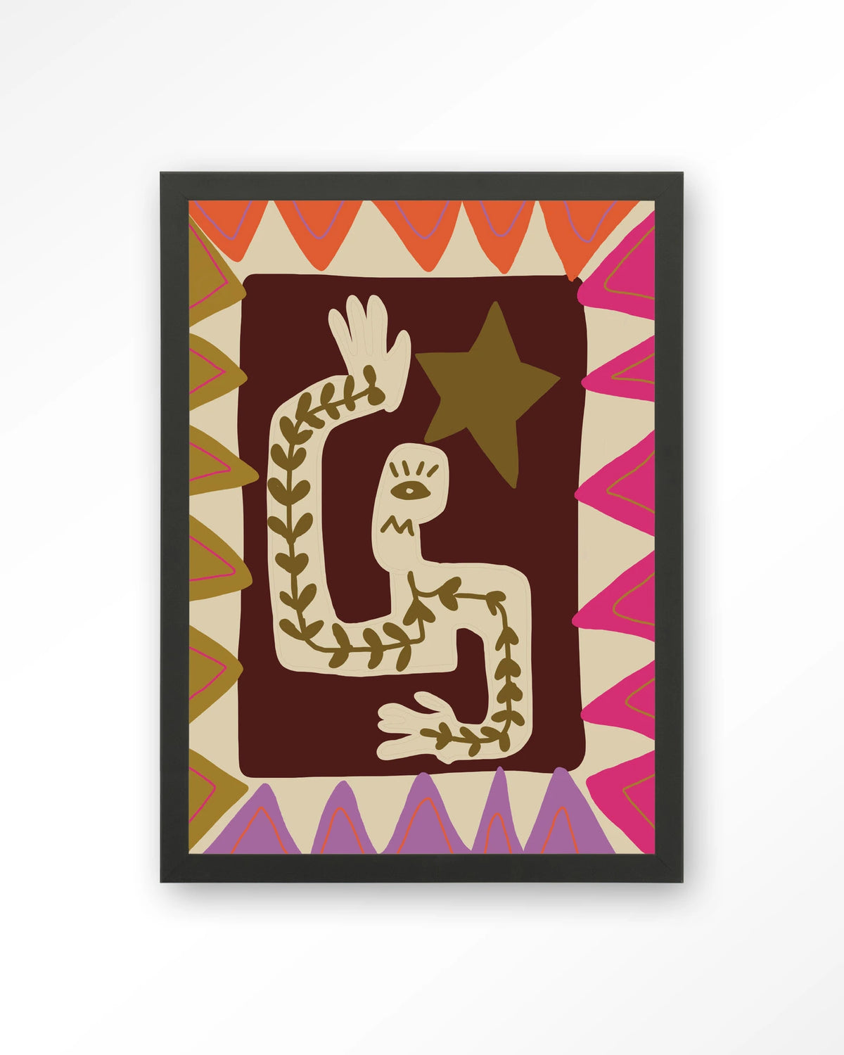 Wave – figuur met ster in kleurrijk patroon – Art print – Hout zwart