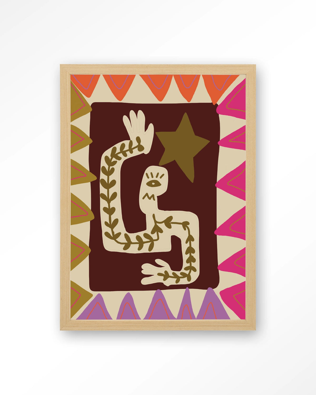Wave – figuur met ster in kleurrijk patroon – Art print – Hout naturel