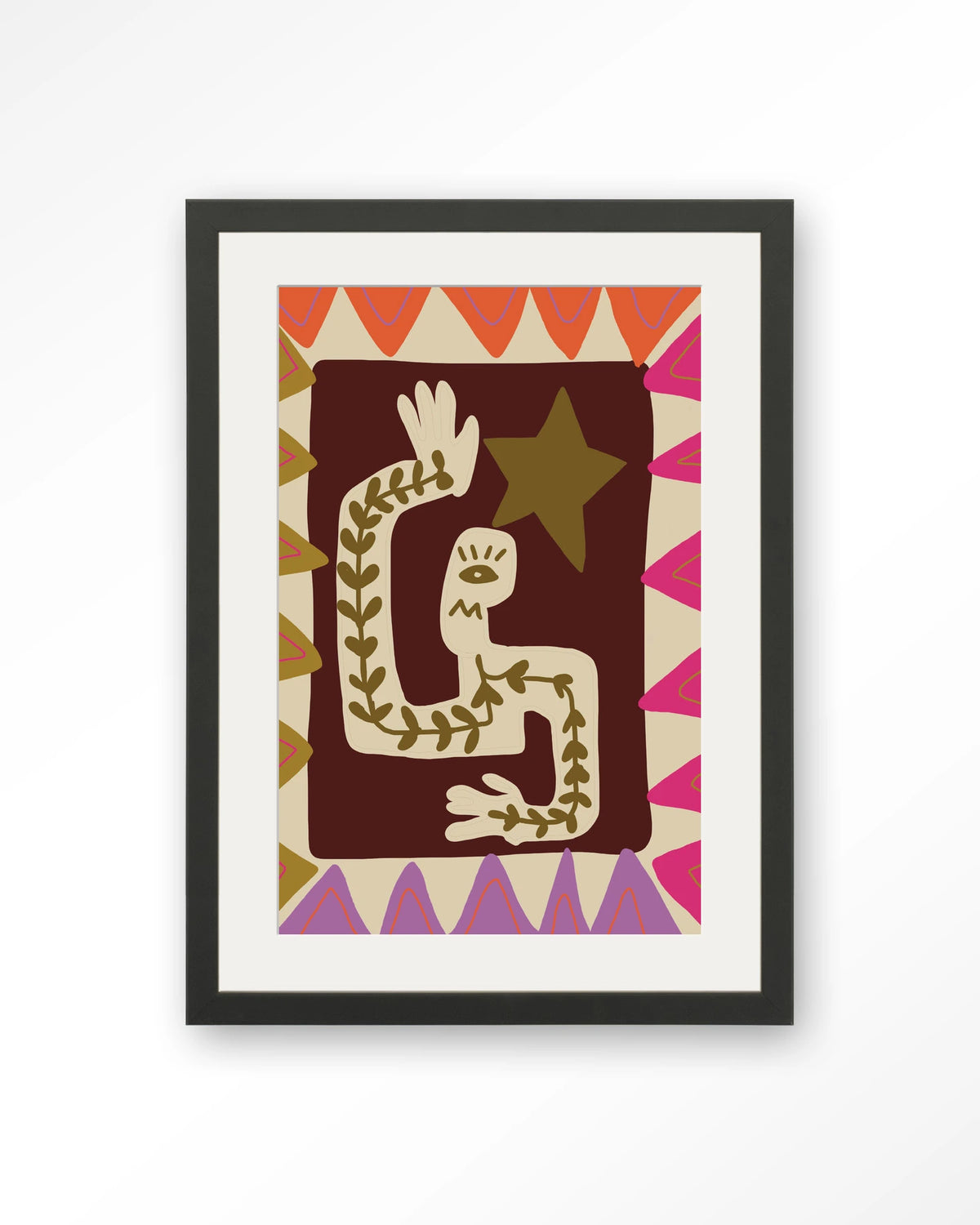 Wave – figuur met ster in kleurrijk patroon – Art print – Hout zwart + passe-partout