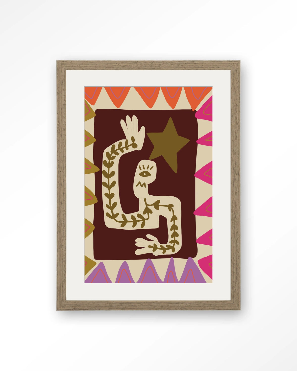 Wave – figuur met ster in kleurrijk patroon – Art print – Hout bruin + passe-partout