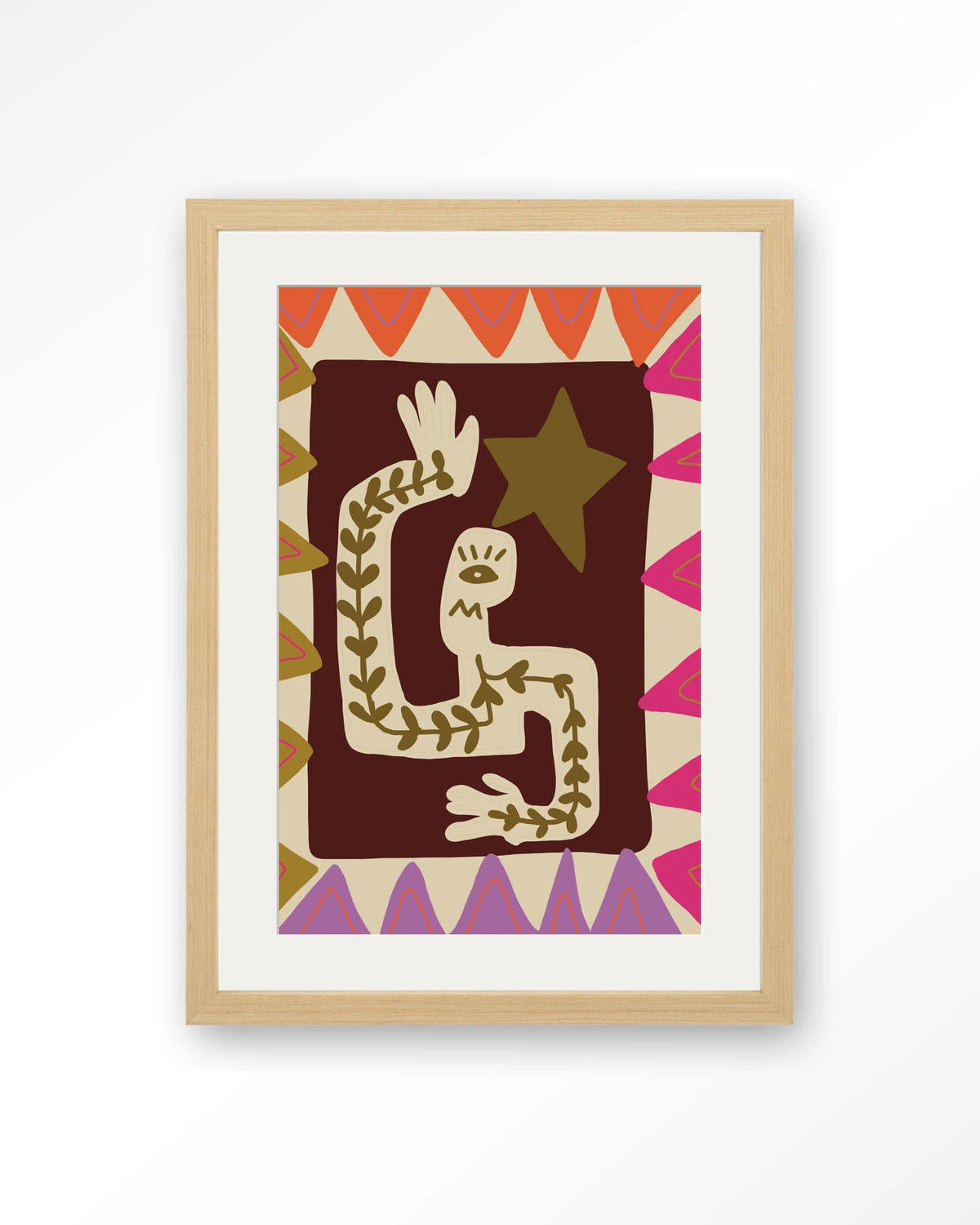 Wave – figuur met ster in kleurrijk patroon – Art print – Hout naturel + passe-partout