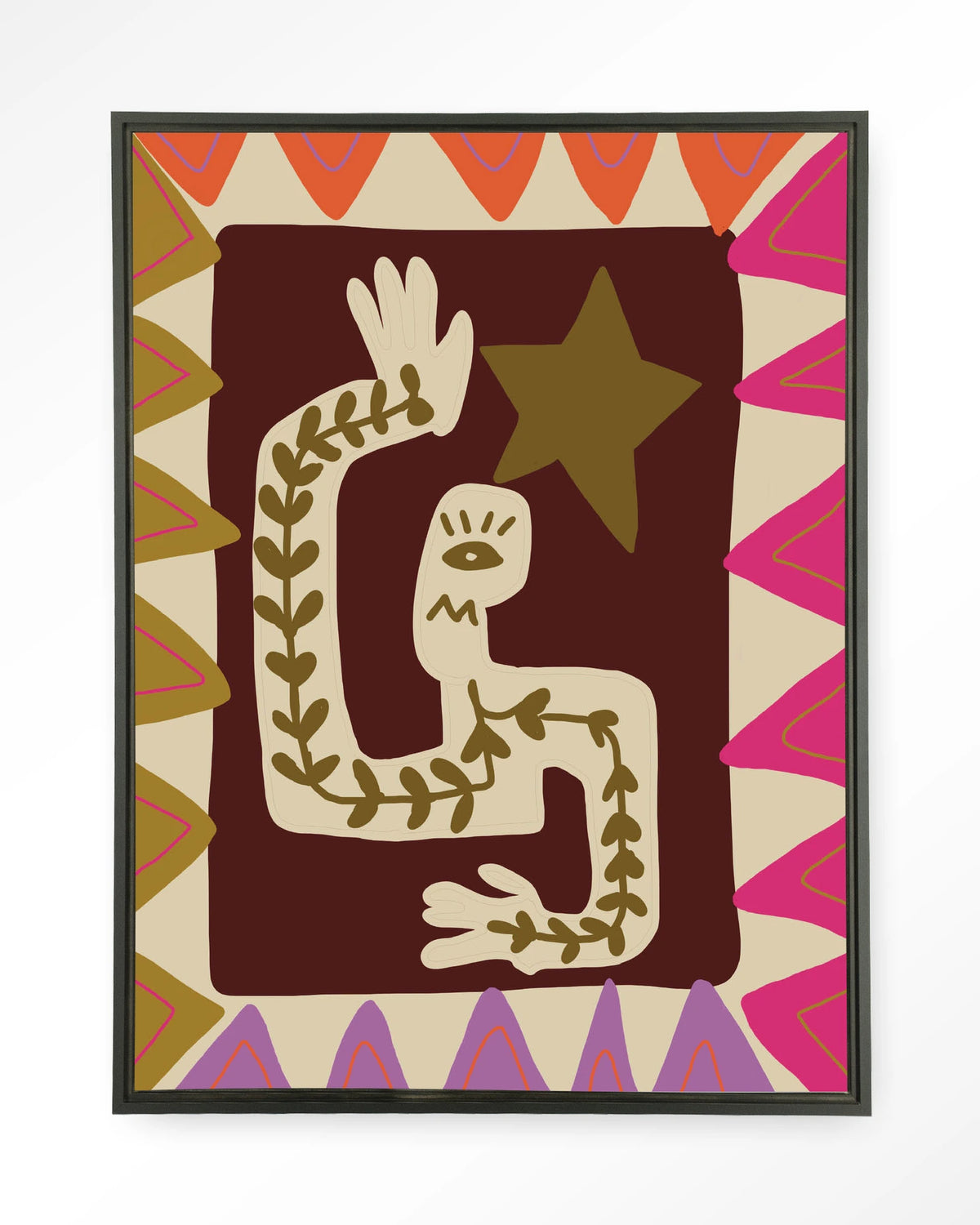 Wave – figuur met ster in kleurrijk patroon – Wandkleed – Floating frame – zwart