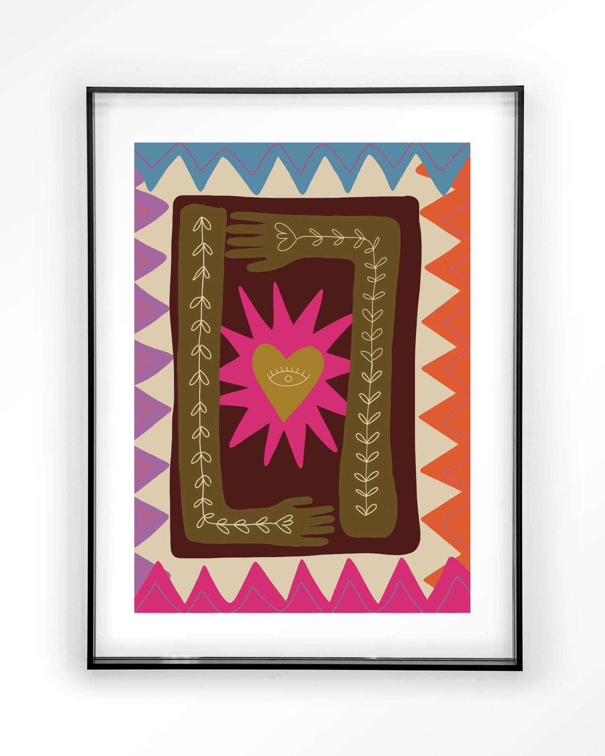 Hug – hart met handen in folkstijl – Art print – Acryl zwart
