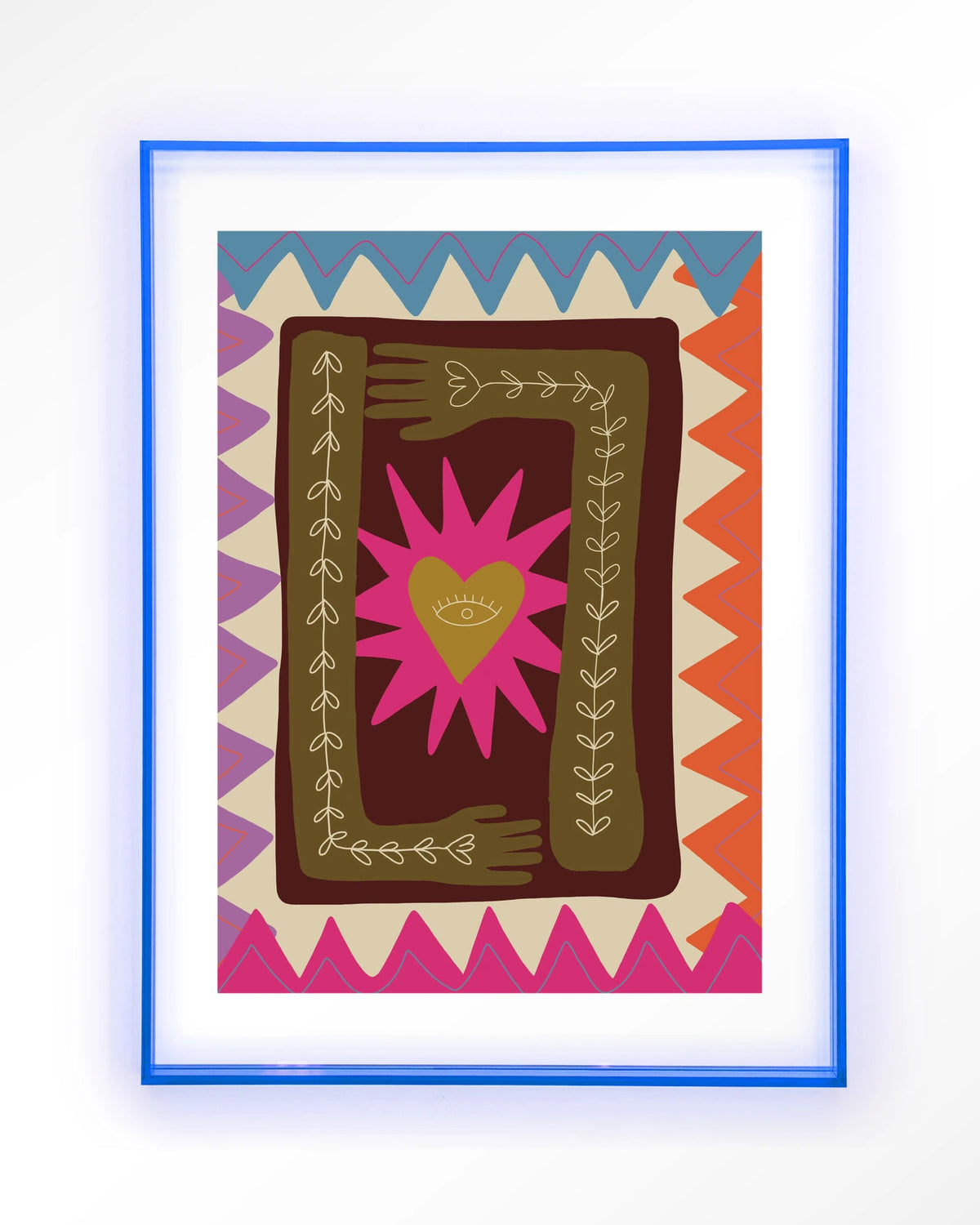Hug – hart met handen in folkstijl – Art print – Acryl lichtblauw