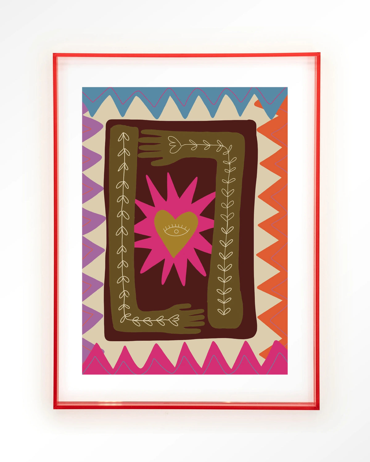 Hug – hart met handen in folkstijl – Art print – Acryl roze