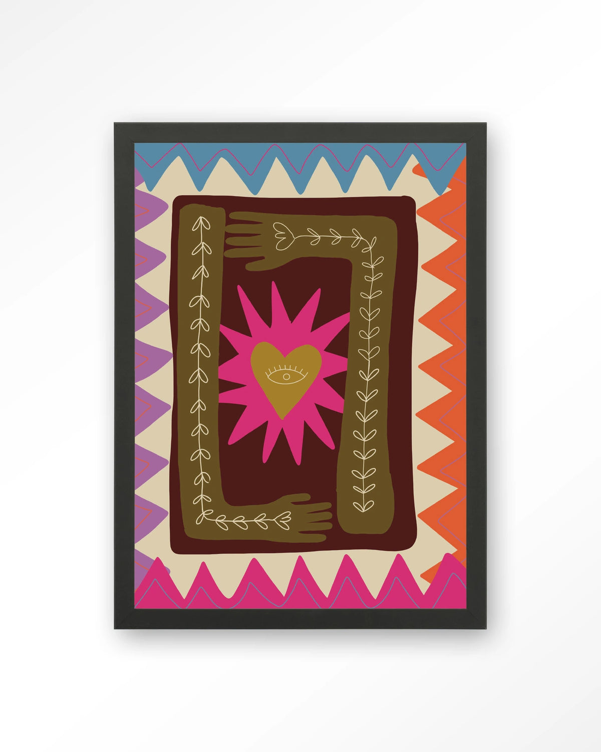 Hug – hart met handen in folkstijl – Art print – Hout zwart