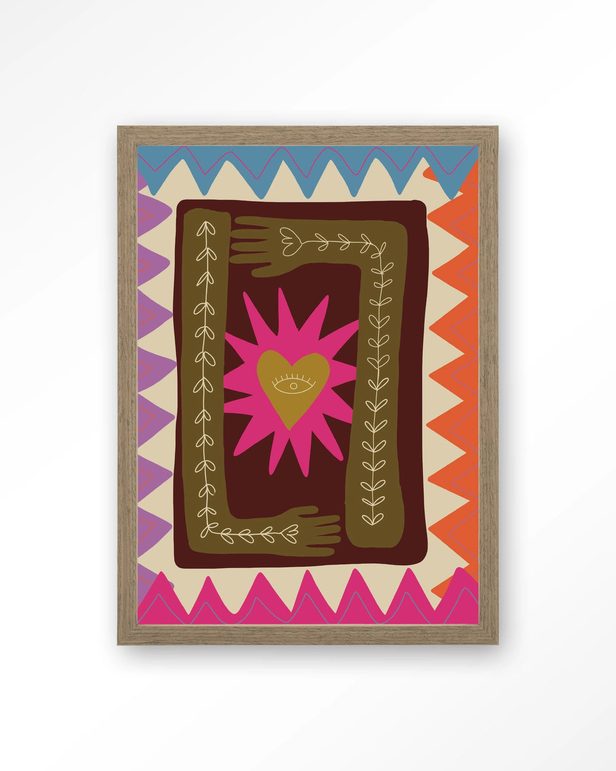 Hug – hart met handen in folkstijl – Art print – Hout bruin
