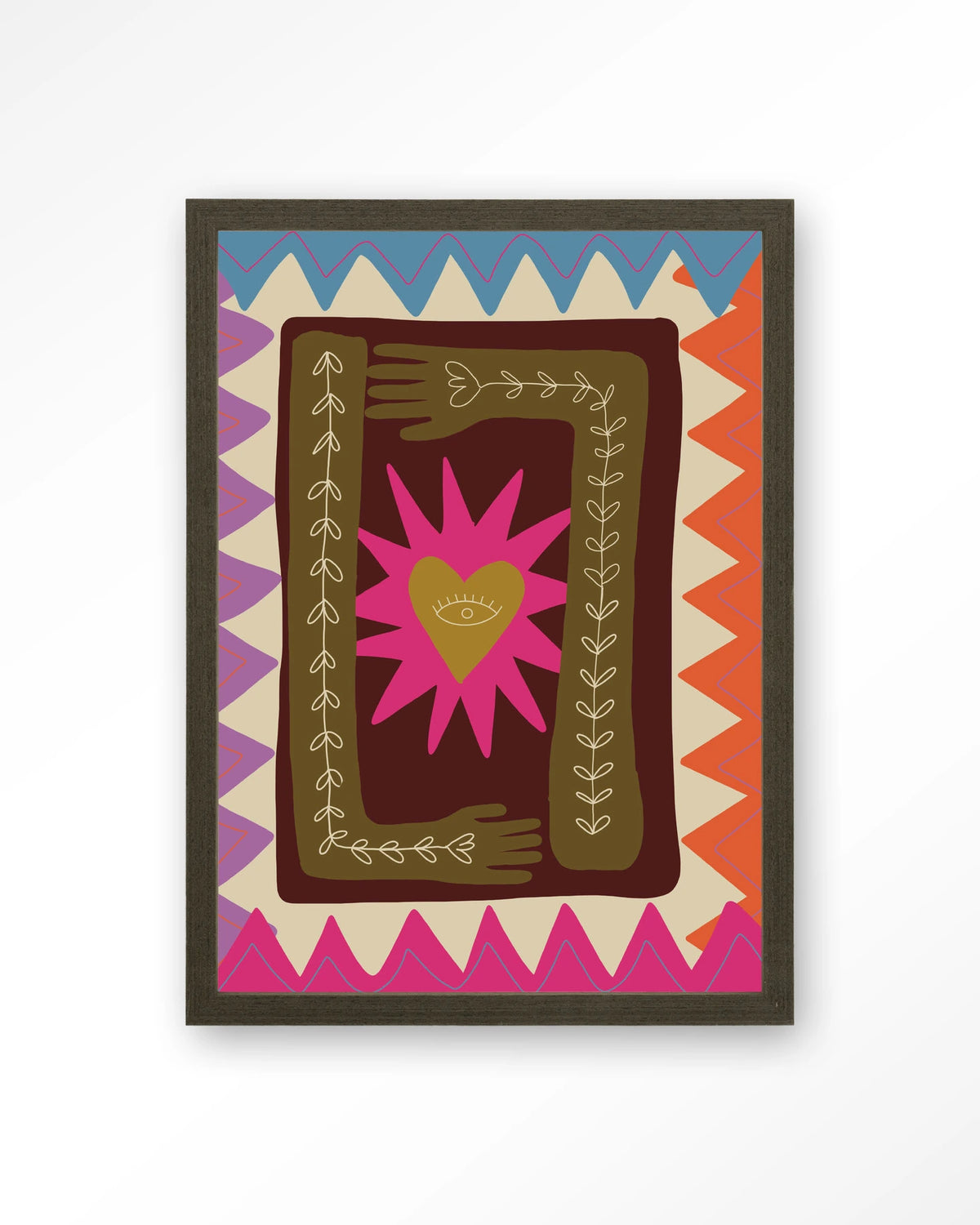 Hug – hart met handen in folkstijl – Art print – Hout donkerbruin