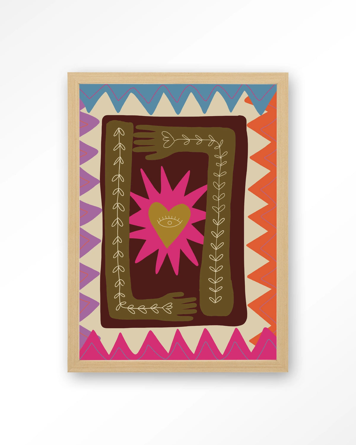 Hug – hart met handen in folkstijl – Art print – Hout naturel
