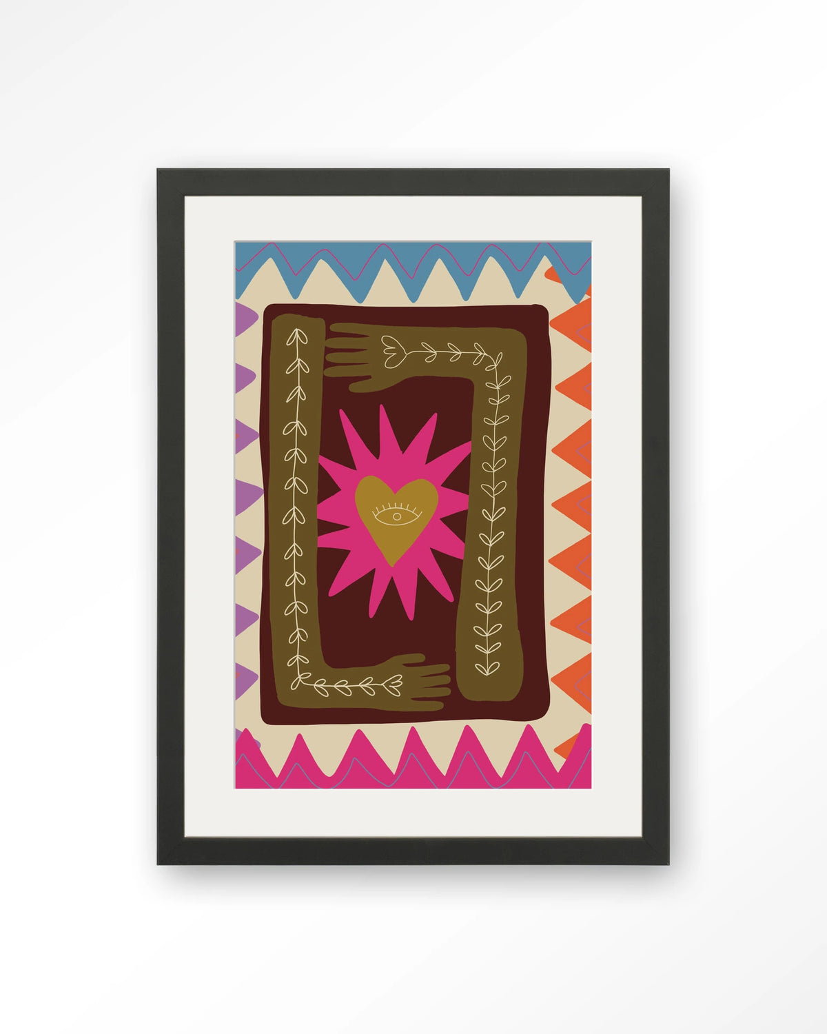 Hug – hart met handen in folkstijl – Art print – Hout zwart + passe-partout
