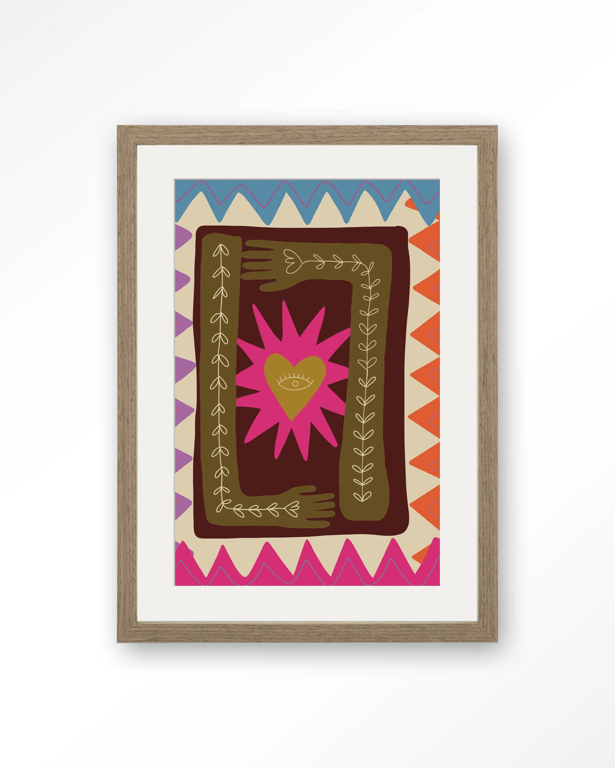 Hug – hart met handen in folkstijl – Art print – Hout bruin + passe-partout